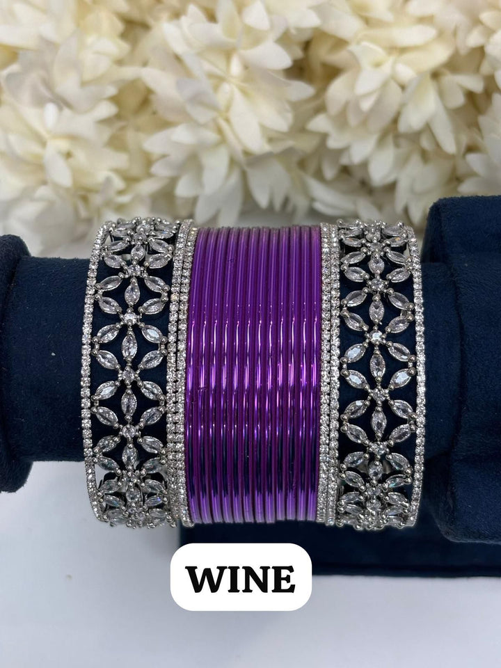 Silver Flower AD Bangles Set Size ( 2-4, 2-6, 2-8 )