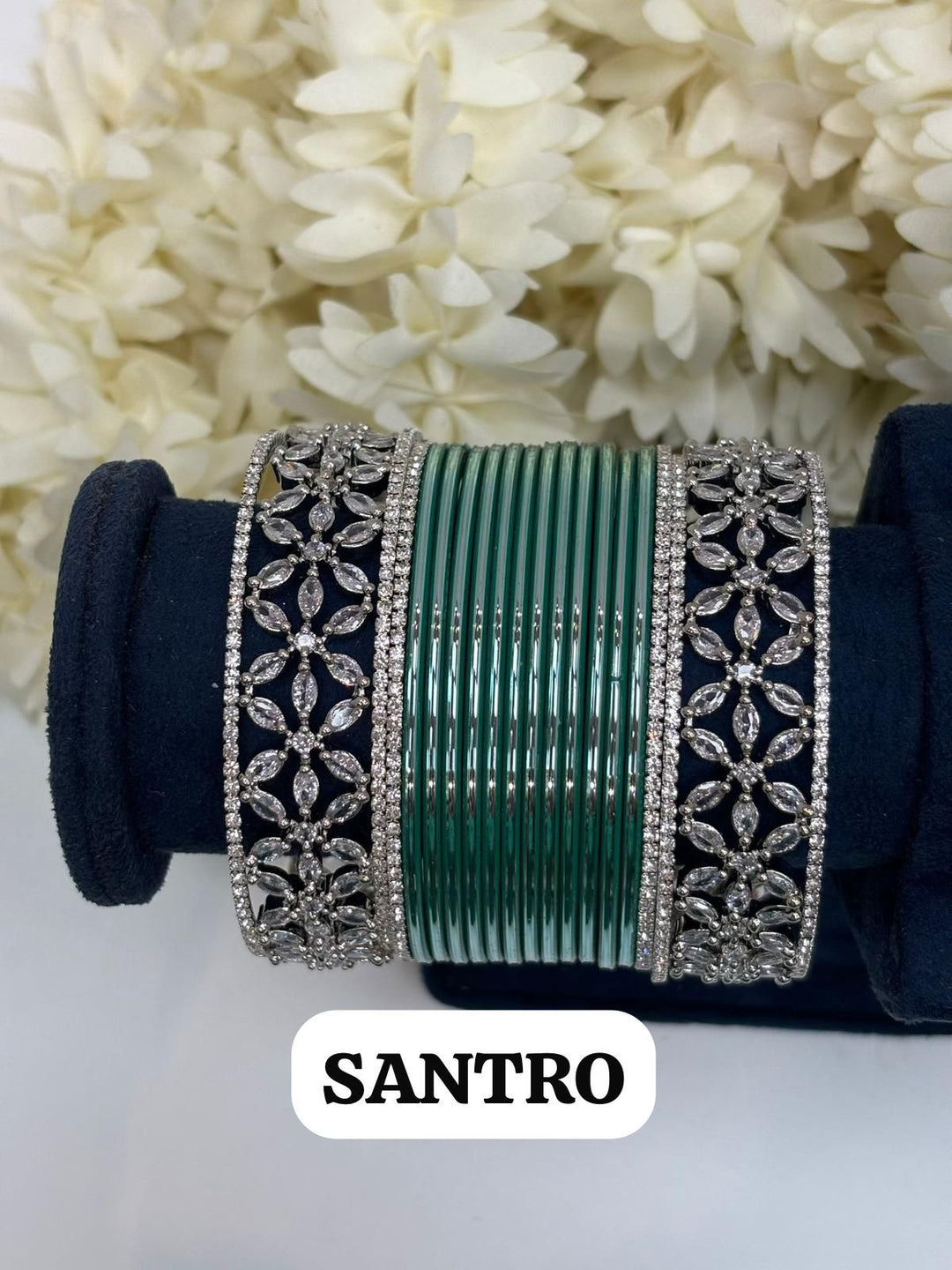 Silver Flower AD Bangles Set Size ( 2-4, 2-6, 2-8 )