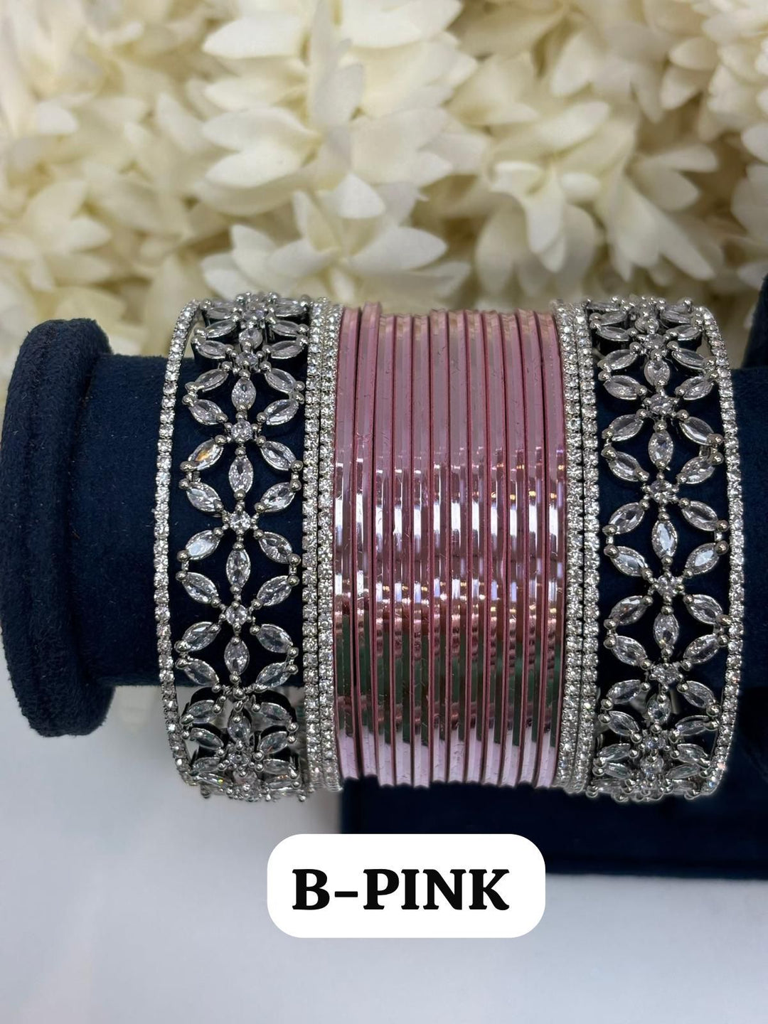 Silver Flower AD Bangles Set Size ( 2-4, 2-6, 2-8 )