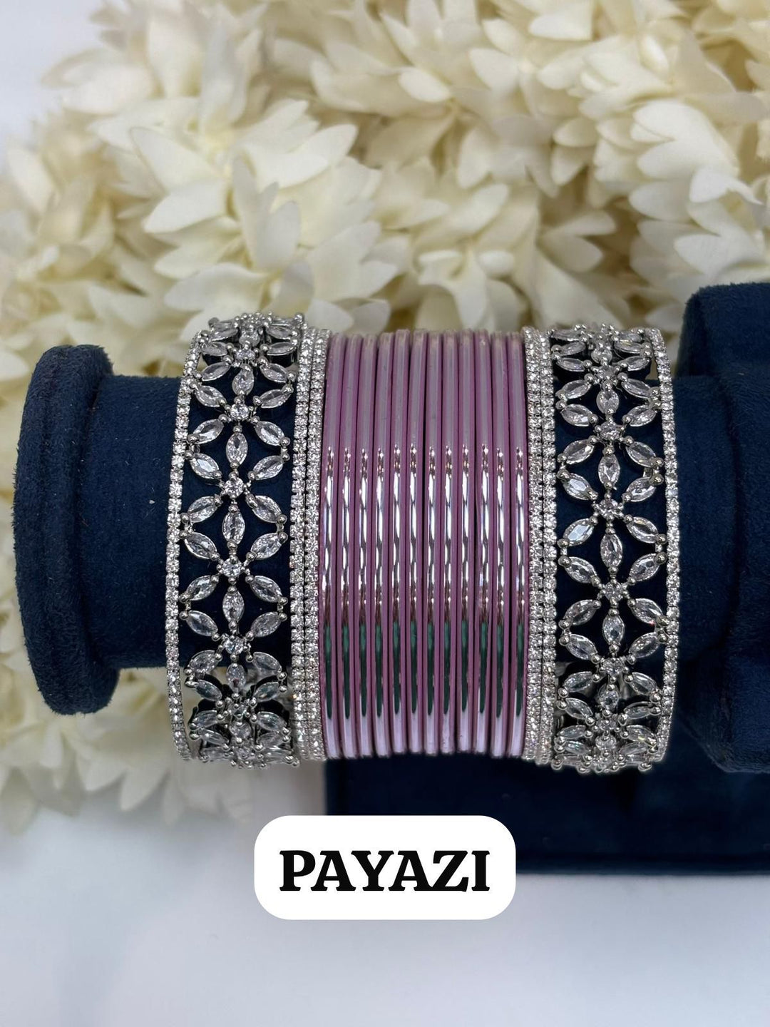 Silver Flower AD Bangles Set Size ( 2-4, 2-6, 2-8 )