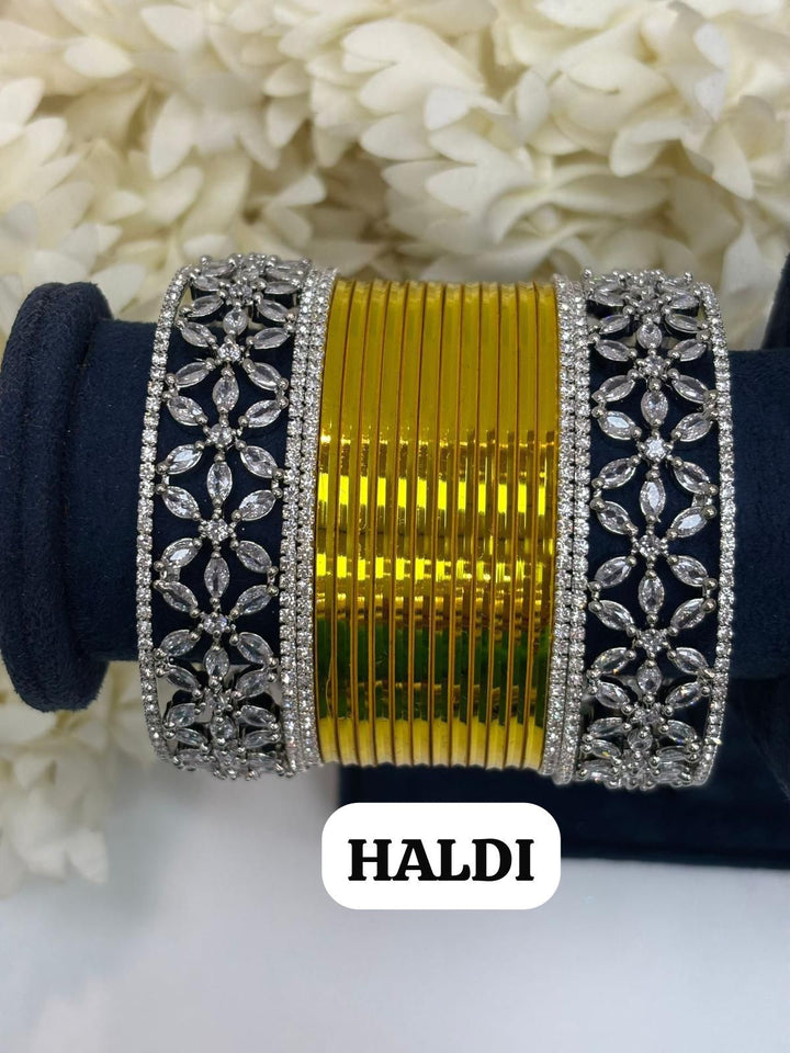 Silver Flower AD Bangles Set Size ( 2-4, 2-6, 2-8 )