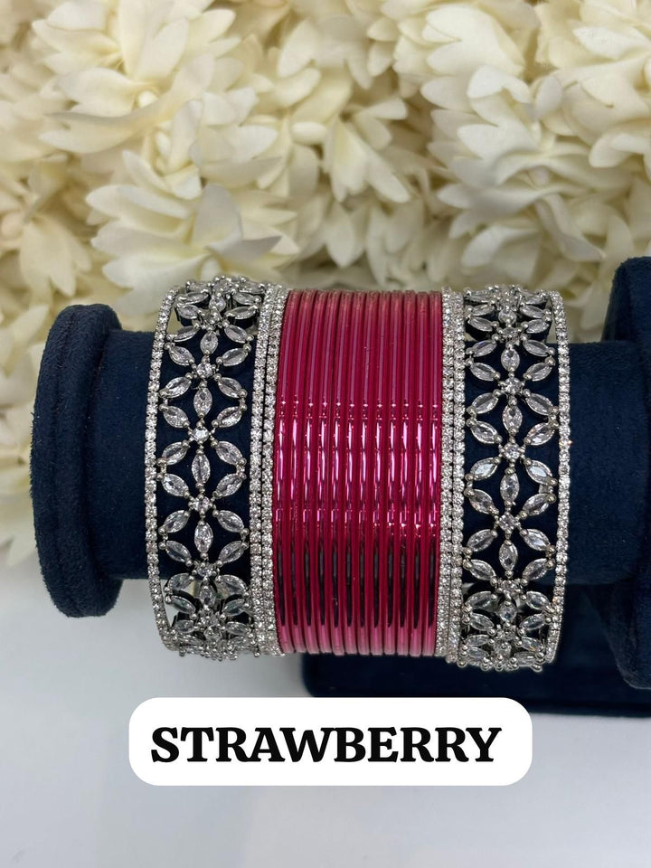 Silver Flower AD Bangles Set Size ( 2-4, 2-6, 2-8 )