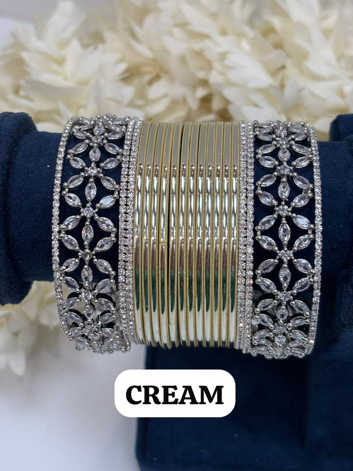 Silver Flower AD Bangles Set Size ( 2-4, 2-6, 2-8 )