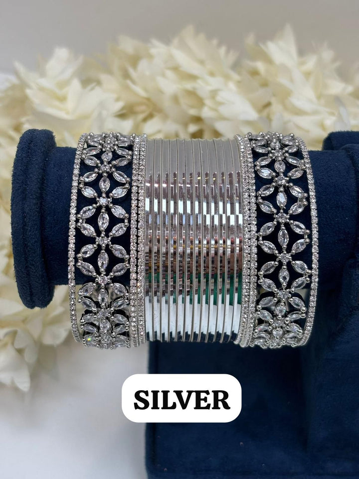 Silver Flower AD Bangles Set Size ( 2-4, 2-6, 2-8 )