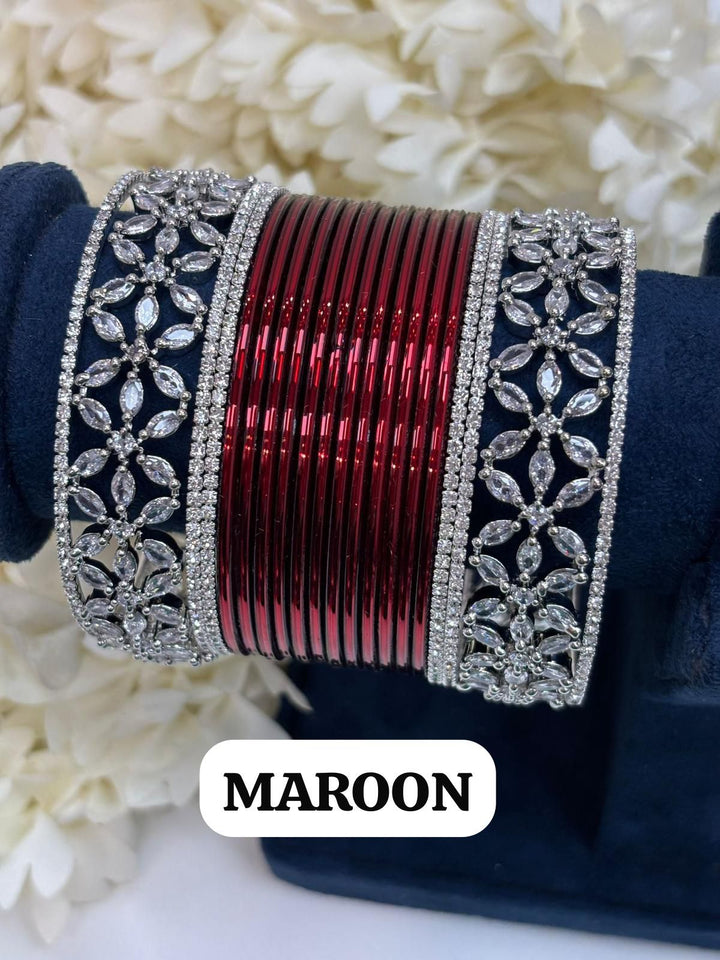 Silver Flower AD Bangles Set Size ( 2-4, 2-6, 2-8 )