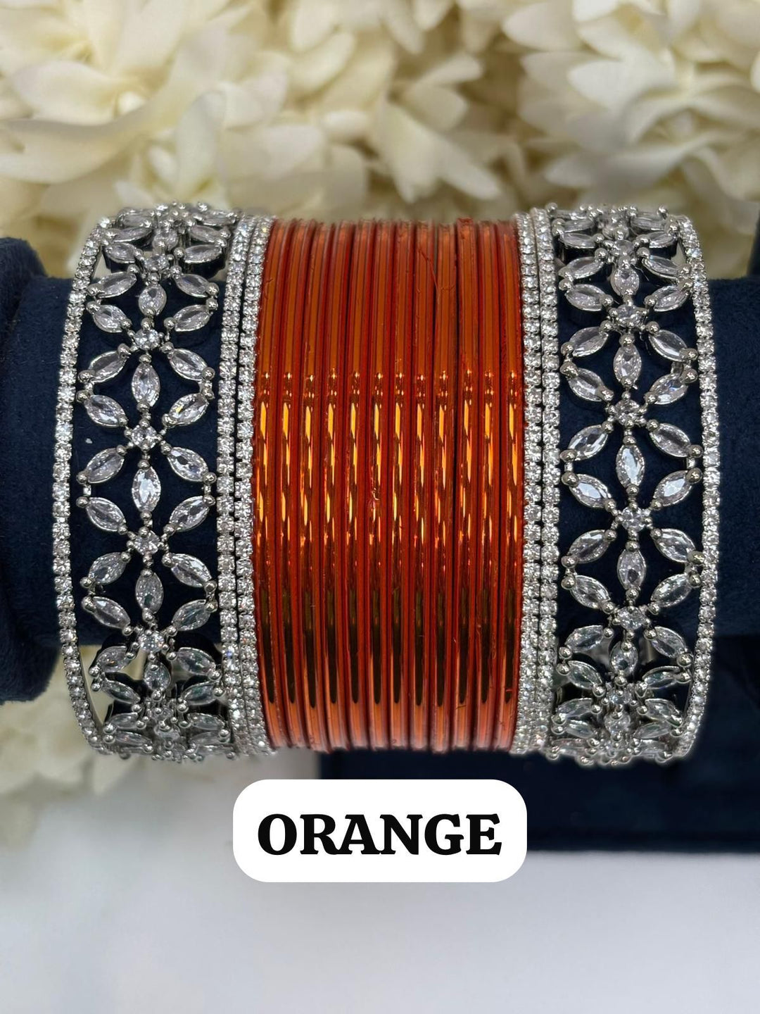 Silver Flower AD Bangles Set Size ( 2-4, 2-6, 2-8 )