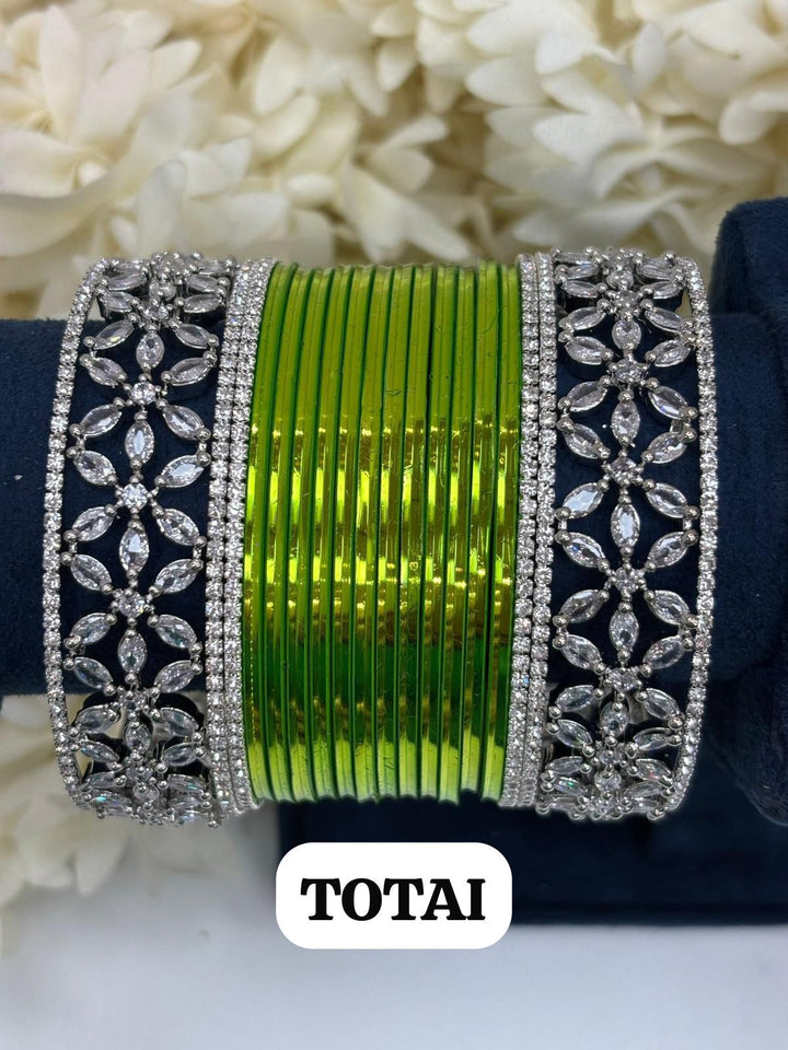 Silver Flower AD Bangles Set Size ( 2-4, 2-6, 2-8 )