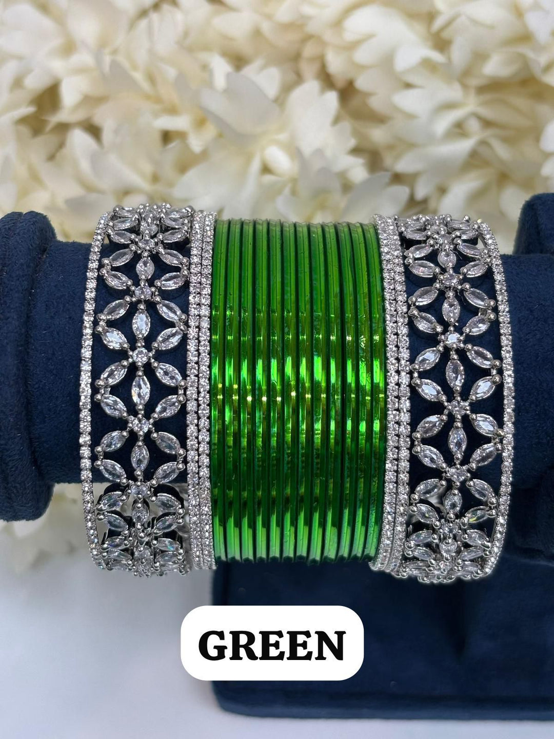 Silver Flower AD Bangles Set Size ( 2-4, 2-6, 2-8 )