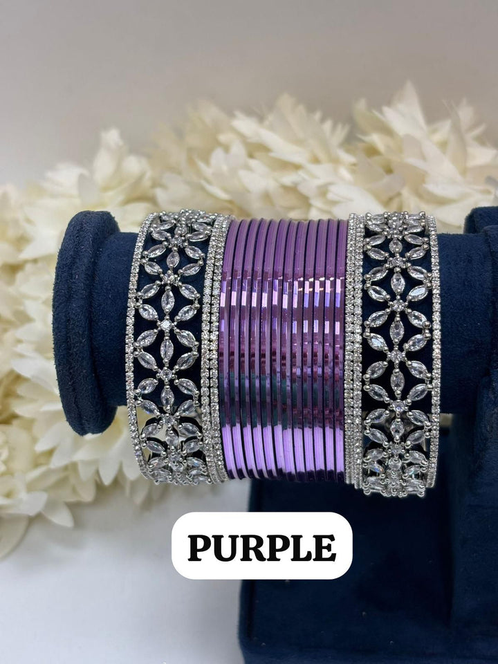 Silver Flower AD Bangles Set Size ( 2-4, 2-6, 2-8 )