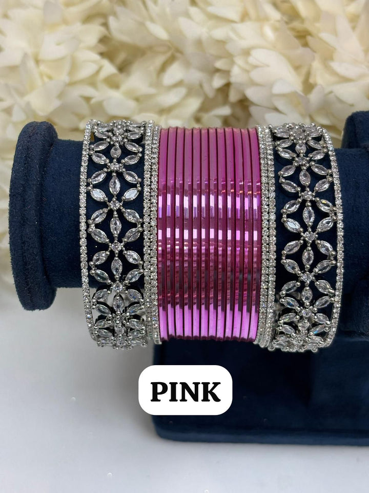 Silver Flower AD Bangles Set Size ( 2-4, 2-6, 2-8 )
