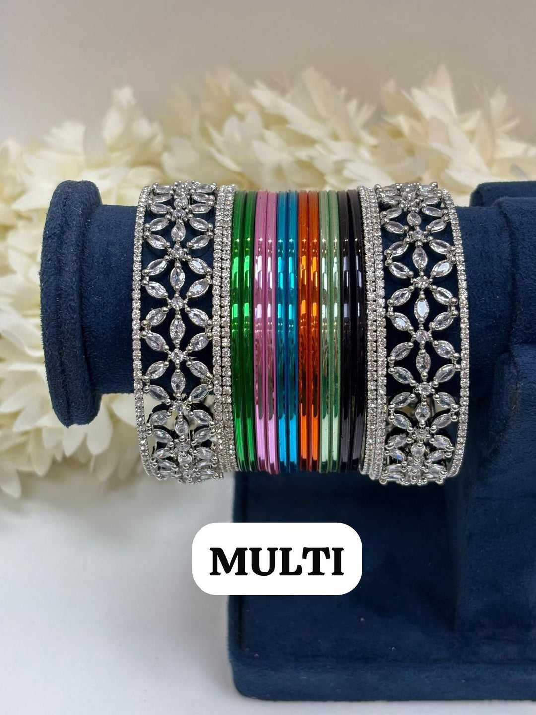 Silver Flower AD Bangles Set Size ( 2-4, 2-6, 2-8 )