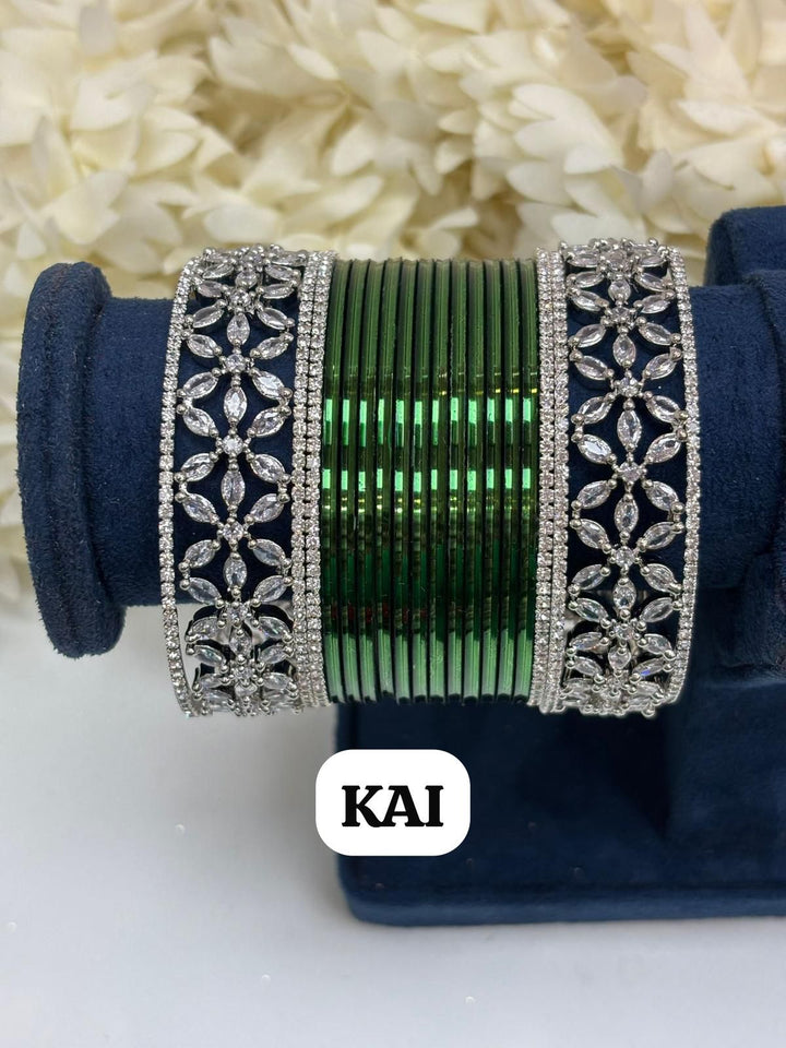 Silver Flower AD Bangles Set Size ( 2-4, 2-6, 2-8 )
