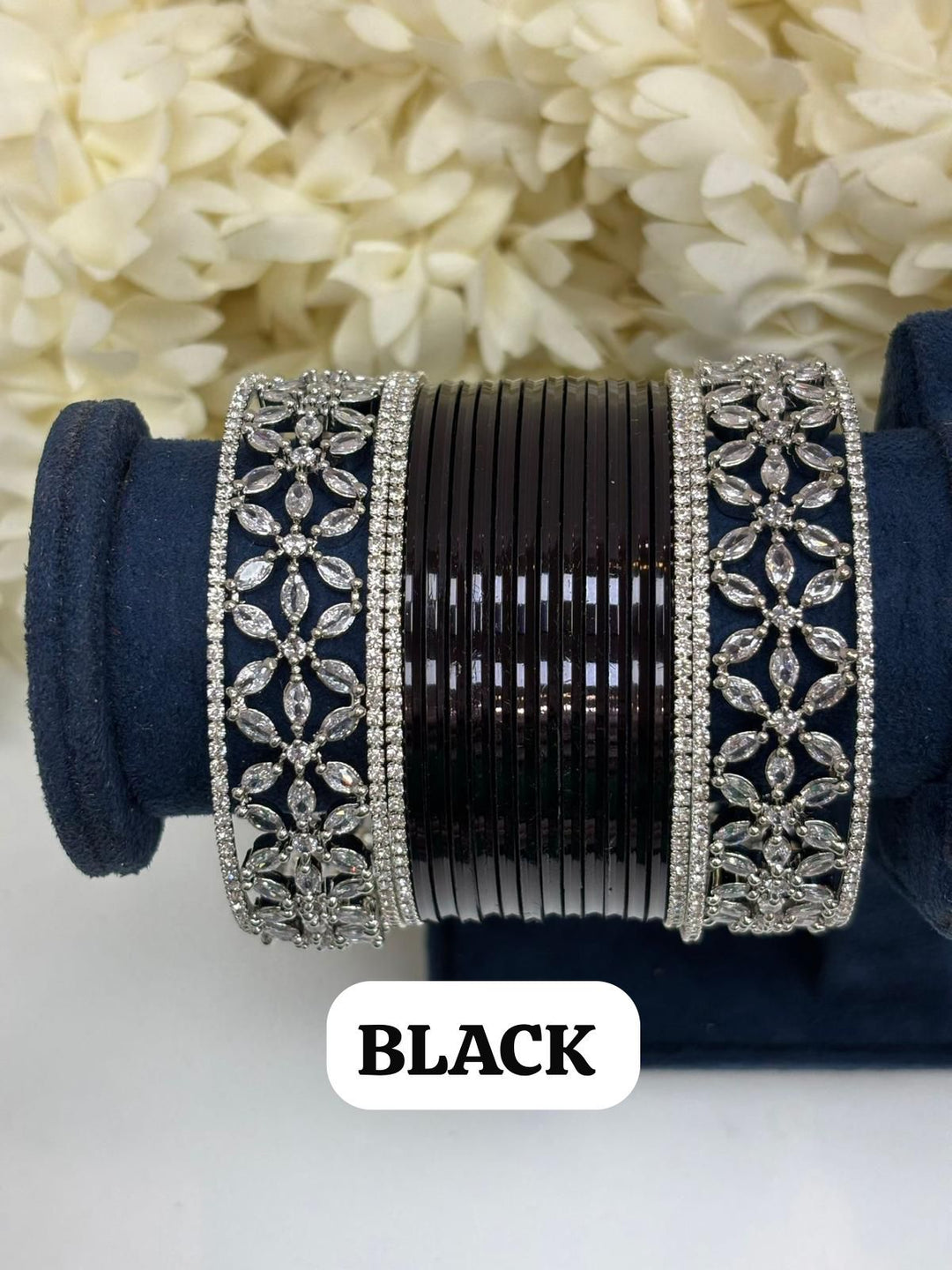 Silver Flower AD Bangles Set Size ( 2-4, 2-6, 2-8 )