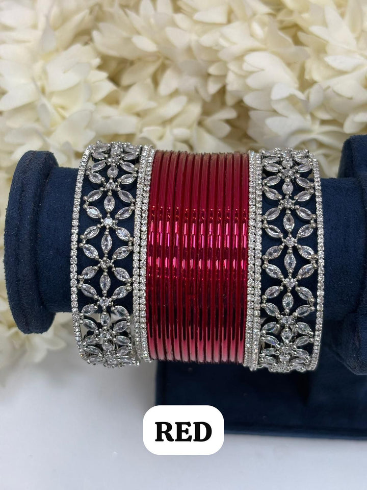 Silver Flower AD Bangles Set Size ( 2-4, 2-6, 2-8 )