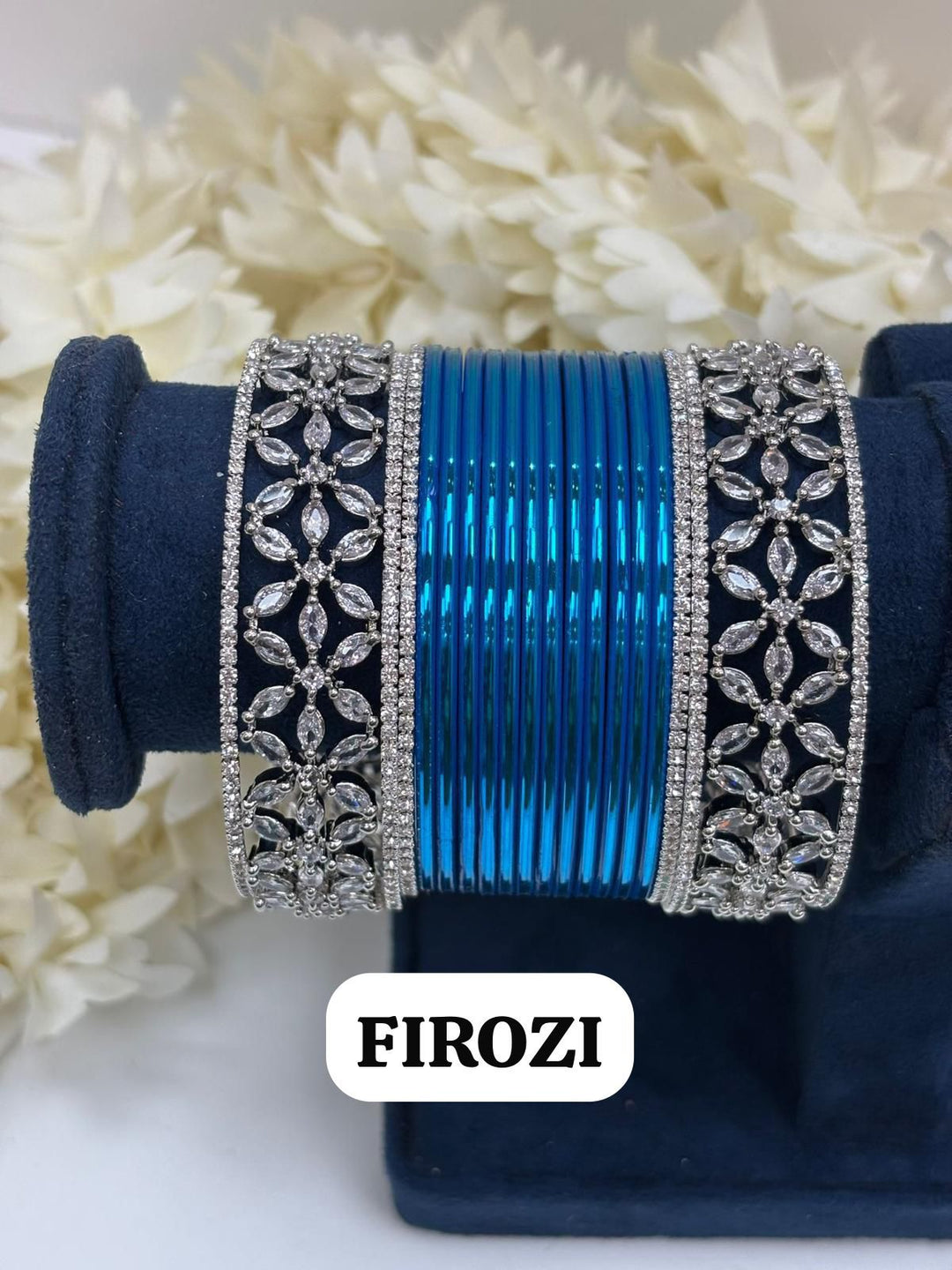 Silver Flower AD Bangles Set Size ( 2-4, 2-6, 2-8 )