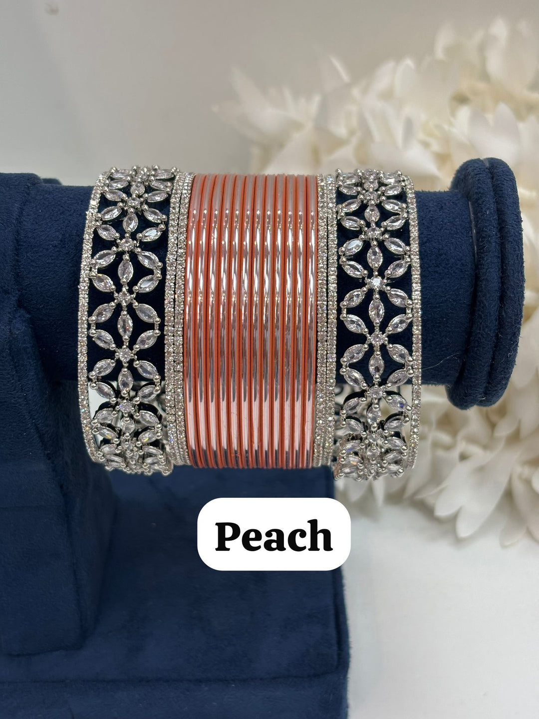 Silver Flower AD Bangles Set Size ( 2-4, 2-6, 2-8 )