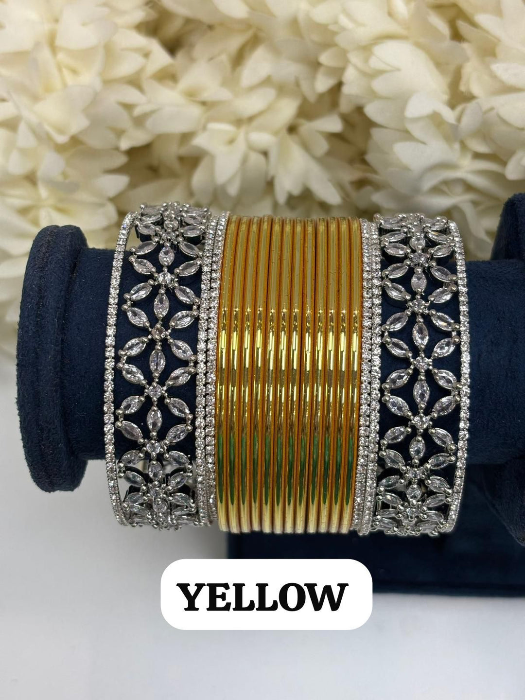 Silver Flower AD Bangles Set Size ( 2-10 2-12 )