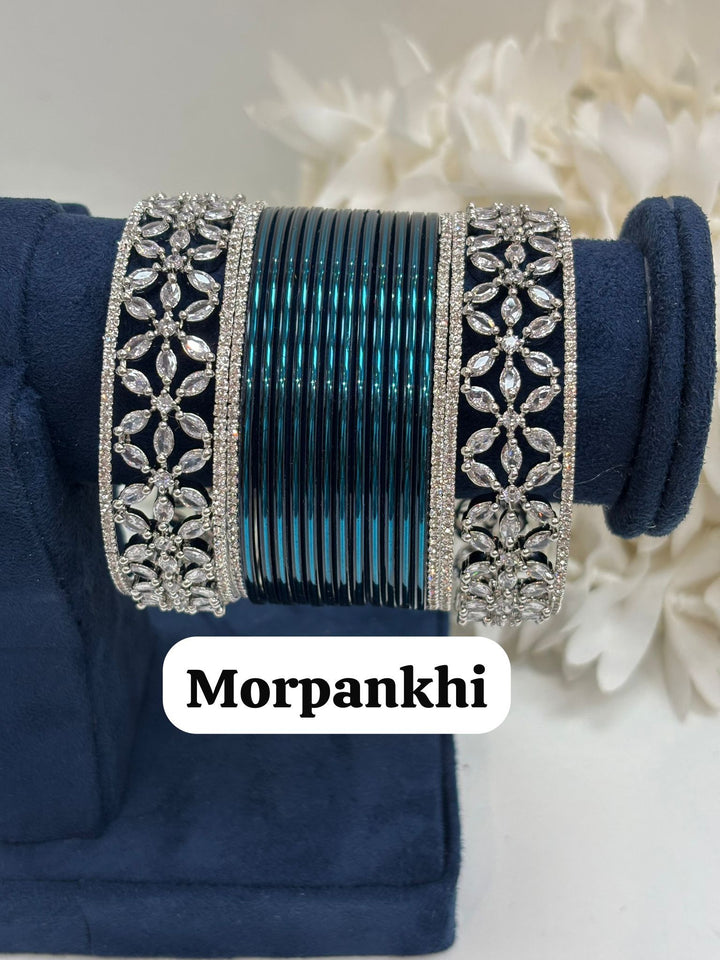 Silver Flower AD Bangles Set Size ( 2-4, 2-6, 2-8 )