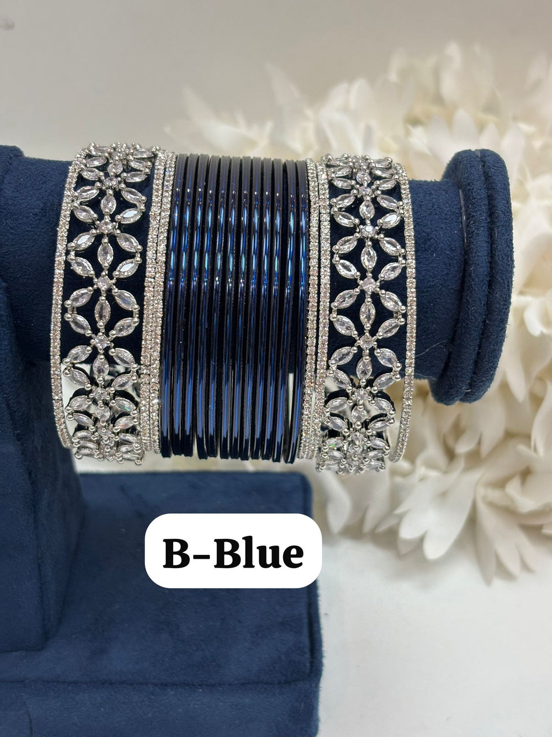 Silver Flower AD Bangles Set Size ( 2-4, 2-6, 2-8 )