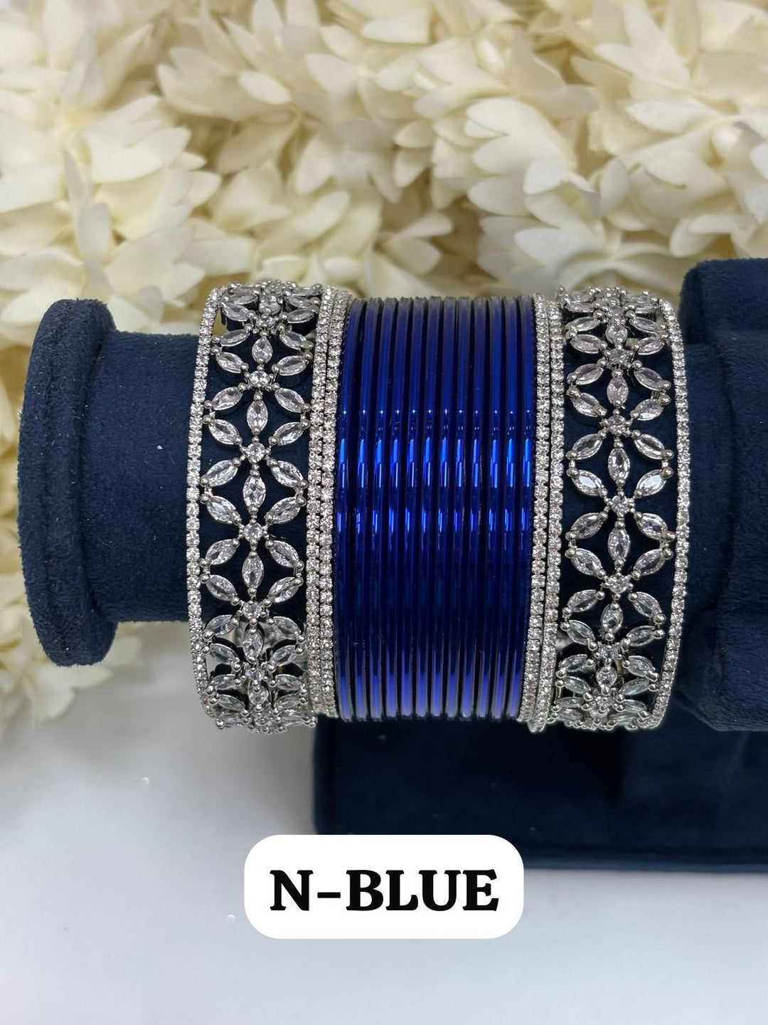 Silver Flower AD Bangles Set Size ( 2-10 2-12 )