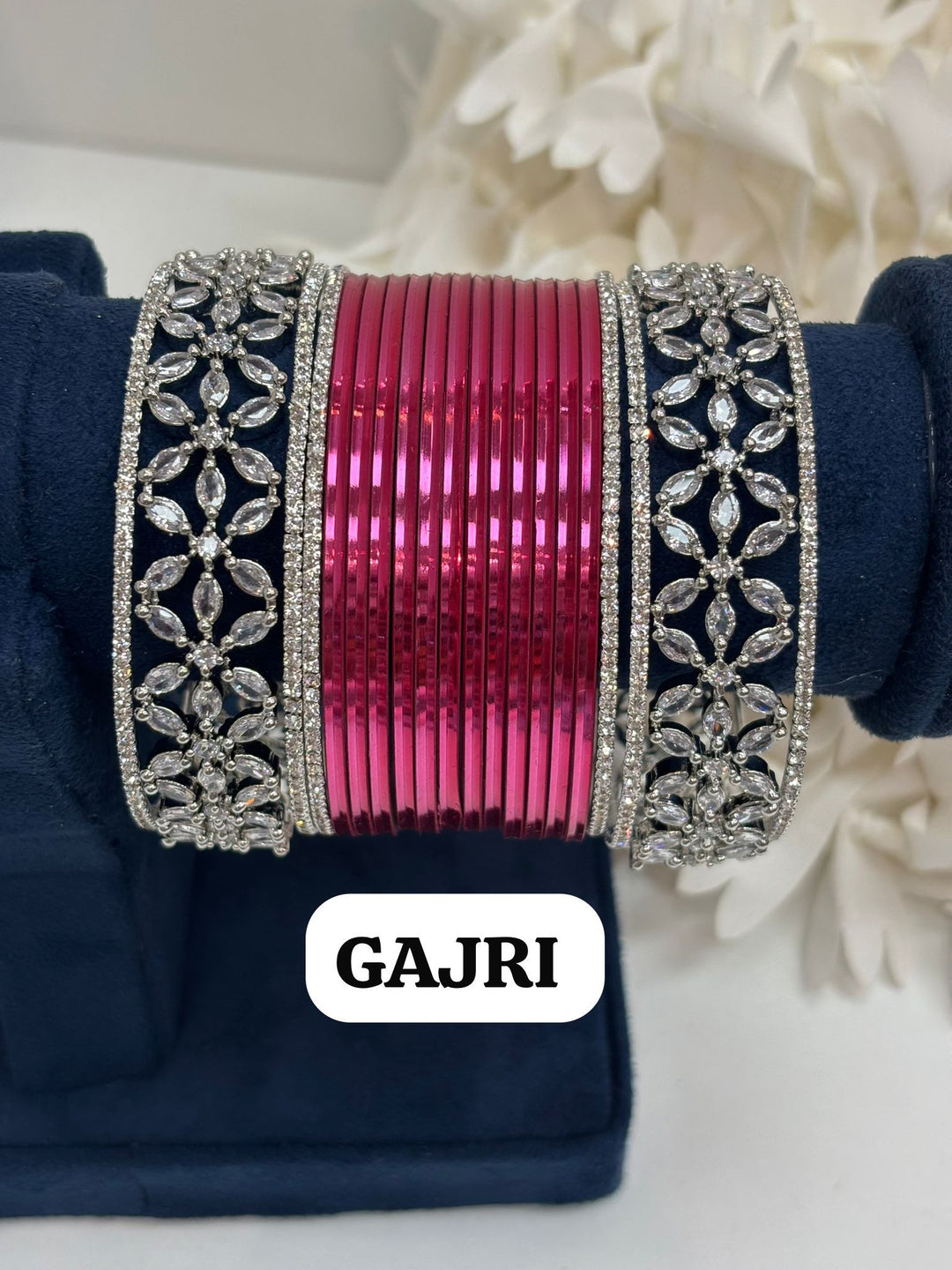Silver Flower AD Bangles Set Size ( 2-4, 2-6, 2-8 )