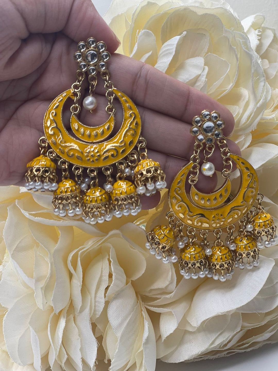 Designer Indian Pearl Chandbali Jhumka Earrings Set