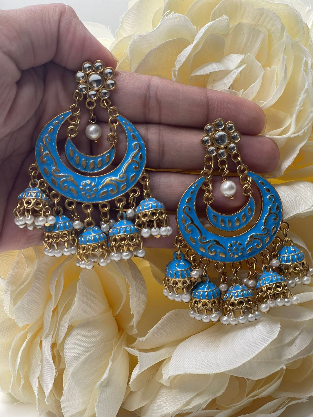 Designer Indian Pearl Chandbali Jhumka Earrings Set