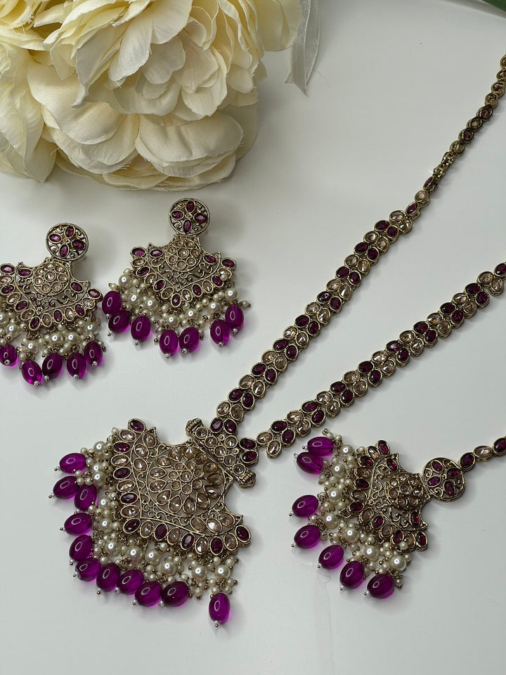 Izhaar Indian Polki Kundan Necklace with Earrings Tikka / Wedding Jewelry/ Traditional Jewelry/ Bollywood set/ Long wedding set