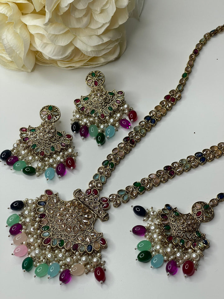 Izhaar Indian Polki Kundan Necklace with Earrings Tikka / Wedding Jewelry/ Traditional Jewelry/ Bollywood set/ Long wedding set