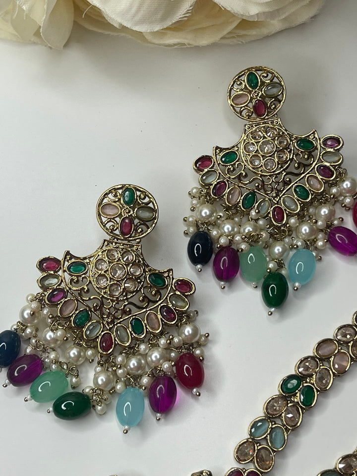 Izhaar Indian Polki Kundan Necklace with Earrings Tikka / Wedding Jewelry/ Traditional Jewelry/ Bollywood set/ Long wedding set