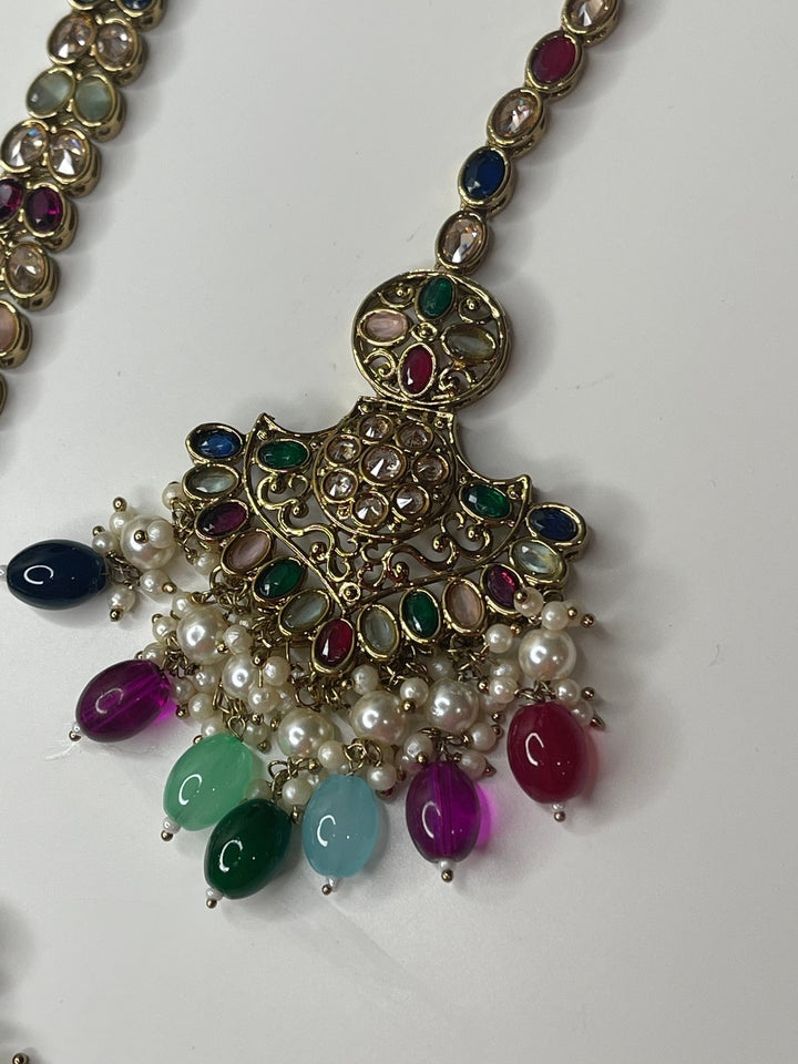 Izhaar Indian Polki Kundan Necklace with Earrings Tikka / Wedding Jewelry/ Traditional Jewelry/ Bollywood set/ Long wedding set