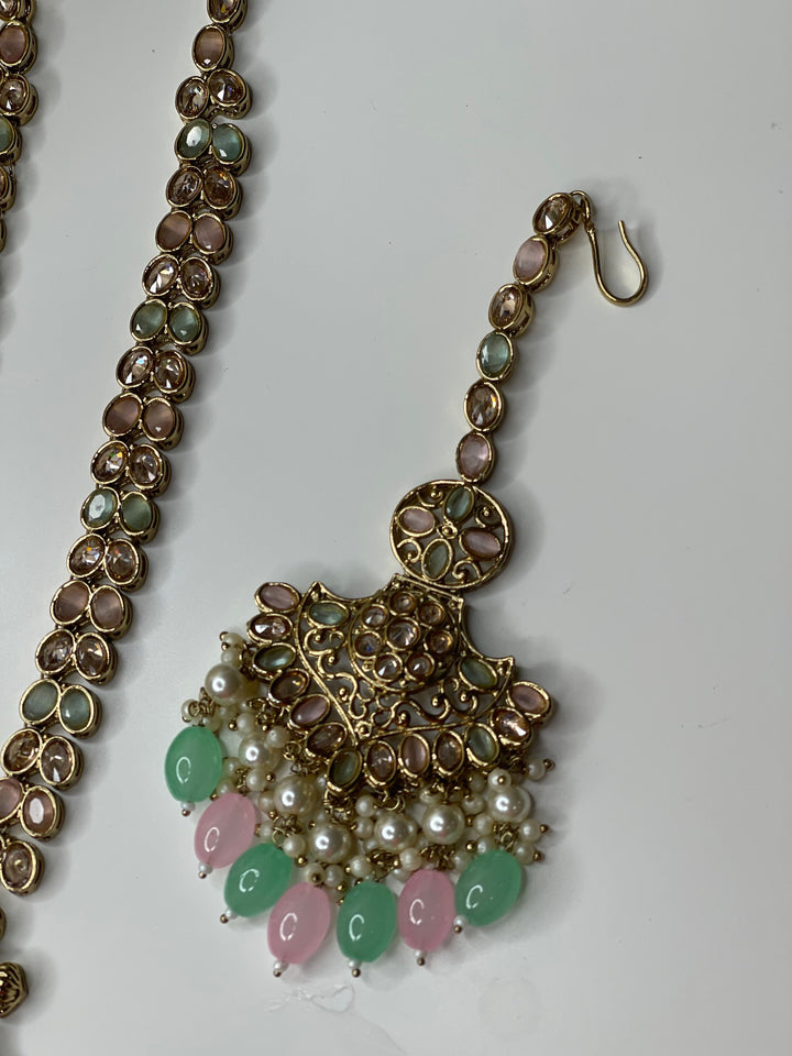 Izhaar Indian Polki Kundan Necklace with Earrings Tikka / Wedding Jewelry/ Traditional Jewelry/ Bollywood set/ Long wedding set