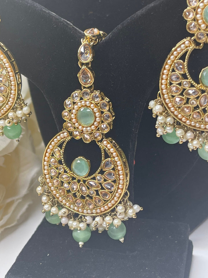 Izhaar Pista Polki Kundan Necklace with Earrings Tikka / Wedding Jewelry/ Traditional Jewelry/ Bollywood set/ Indian Pakistani wedding set