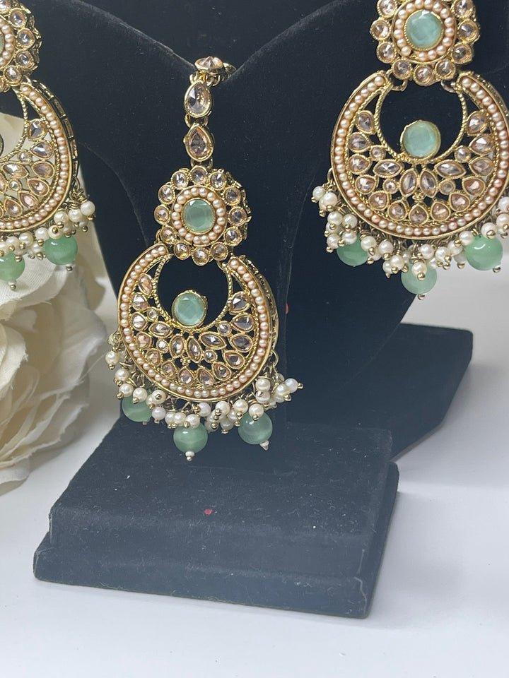 Izhaar Pista Polki Kundan Necklace with Earrings Tikka / Wedding Jewelry/ Traditional Jewelry/ Bollywood set/ Indian Pakistani wedding set