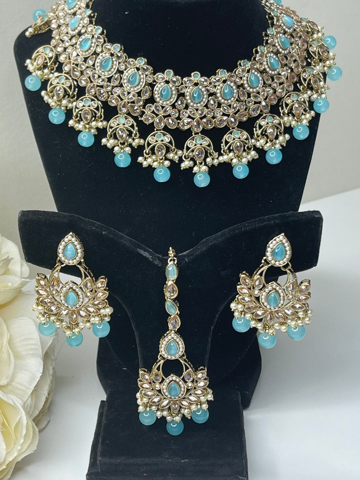 Izhaar Indian sky blue Polki Kundan Necklace with Earrings Tikka / Wedding Jewelry/ Traditional Jewelry/ Bollywood set/ wedding set Muskaan