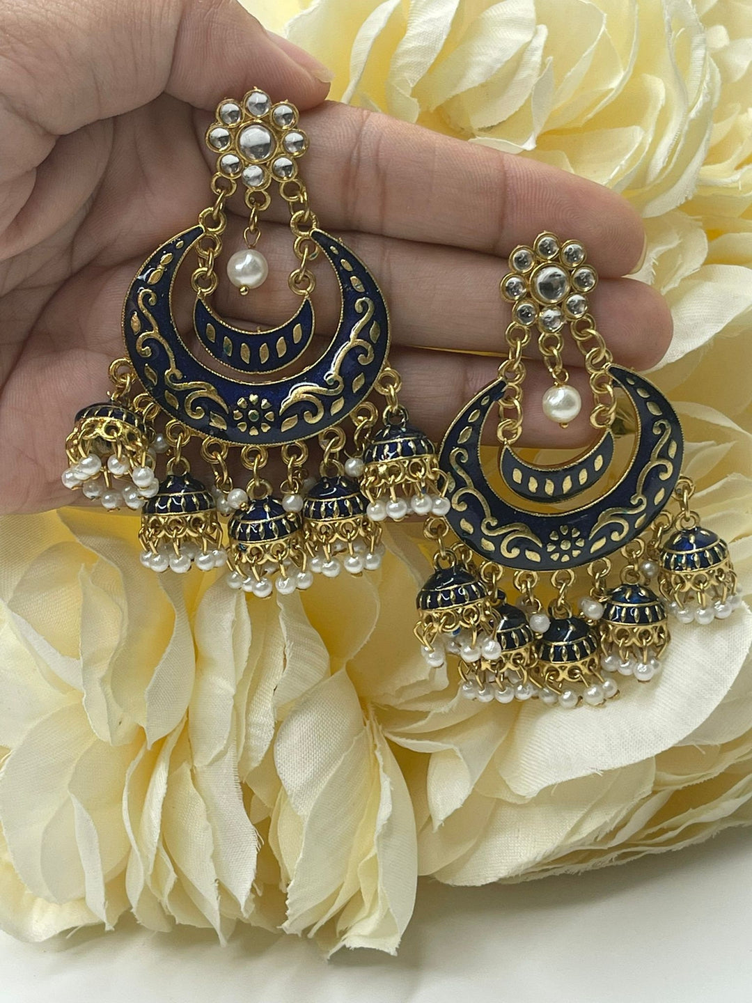 Designer Indian Pearl Chandbali Jhumka Earrings Set