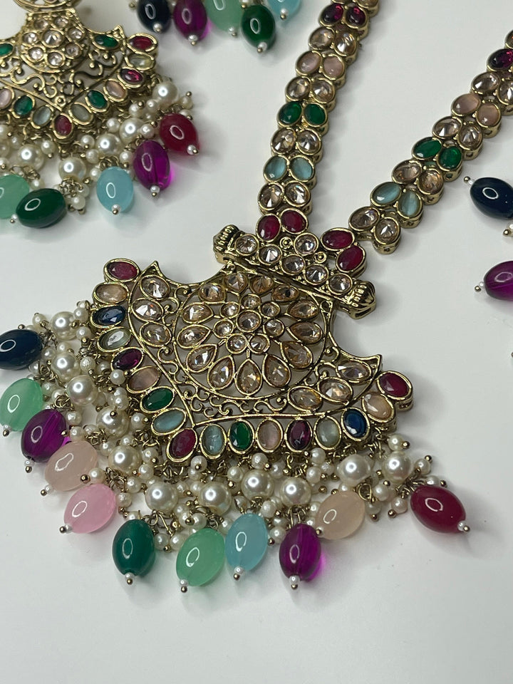 Izhaar Indian Polki Kundan Necklace with Earrings Tikka / Wedding Jewelry/ Traditional Jewelry/ Bollywood set/ Long wedding set