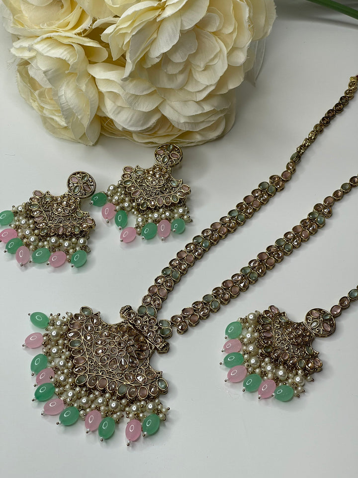 Izhaar Indian Polki Kundan Necklace with Earrings Tikka / Wedding Jewelry/ Traditional Jewelry/ Bollywood set/ Long wedding set