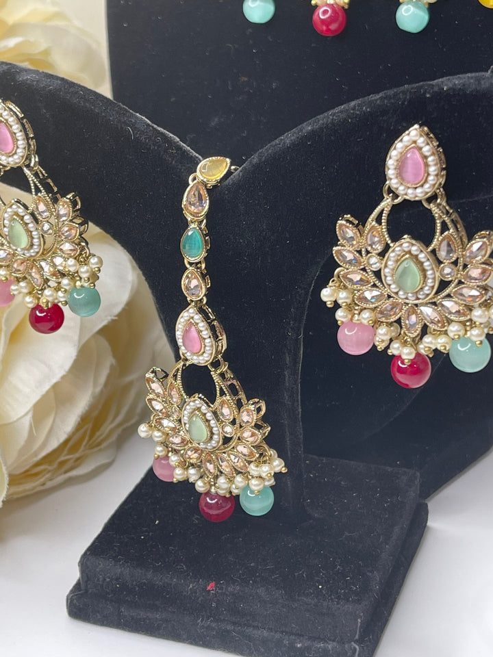 Izhaar Multi color Indian Polki Kundan Necklace with Earrings Tikka / Wedding Jewelry/ Traditional Jewelry/ Bollywood set/ Indian wedding set Muskaan