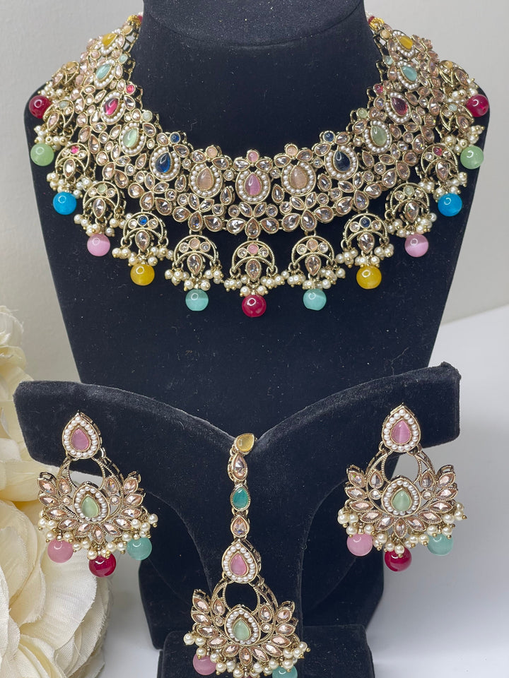 Izhaar Multi color Indian Polki Kundan Necklace with Earrings Tikka / Wedding Jewelry/ Traditional Jewelry/ Bollywood set/ Indian wedding set Muskaan