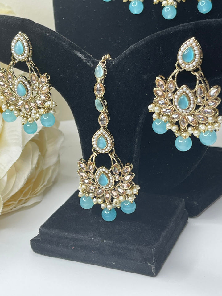 Izhaar Indian sky blue Polki Kundan Necklace with Earrings Tikka / Wedding Jewelry/ Traditional Jewelry/ Bollywood set/ wedding set Muskaan
