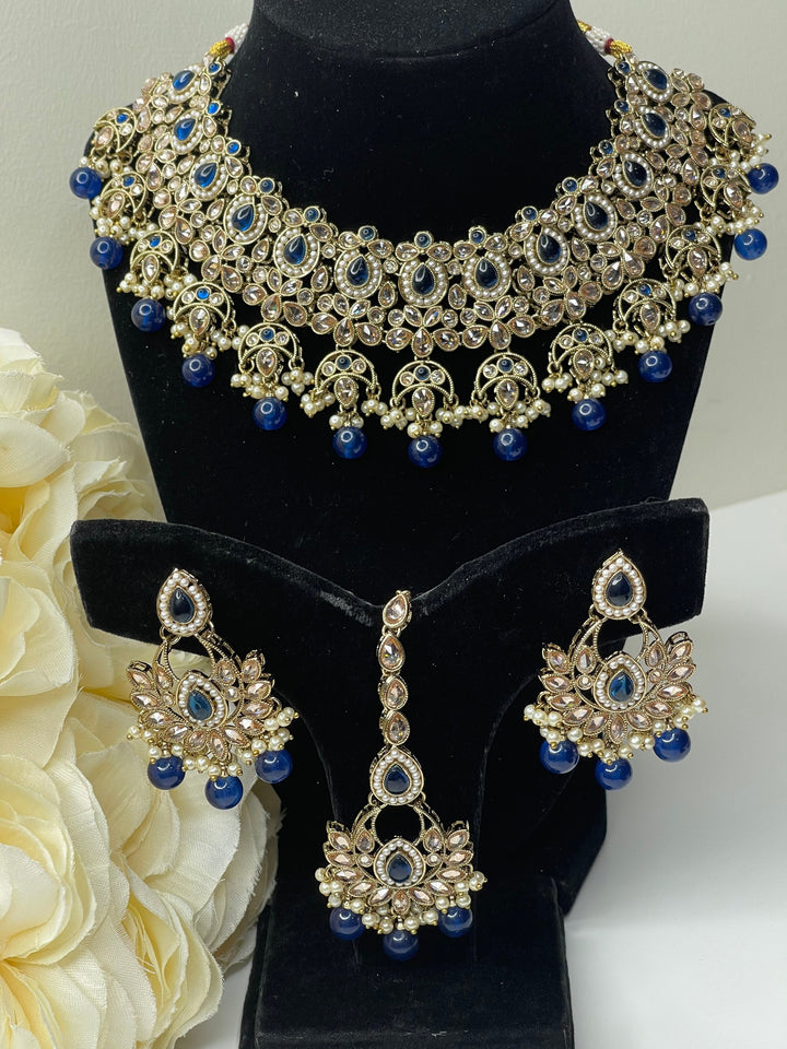 Izhaar Indian Blue Polki Kundan Necklace with Earrings Tikka / Wedding Jewelry/ Traditional Jewelry/ Bollywood set/ wedding set Muskaan