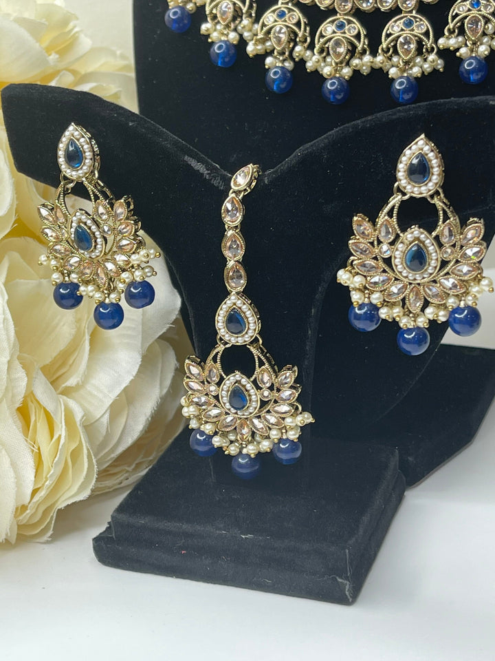 Izhaar Indian Blue Polki Kundan Necklace with Earrings Tikka / Wedding Jewelry/ Traditional Jewelry/ Bollywood set/ wedding set Muskaan
