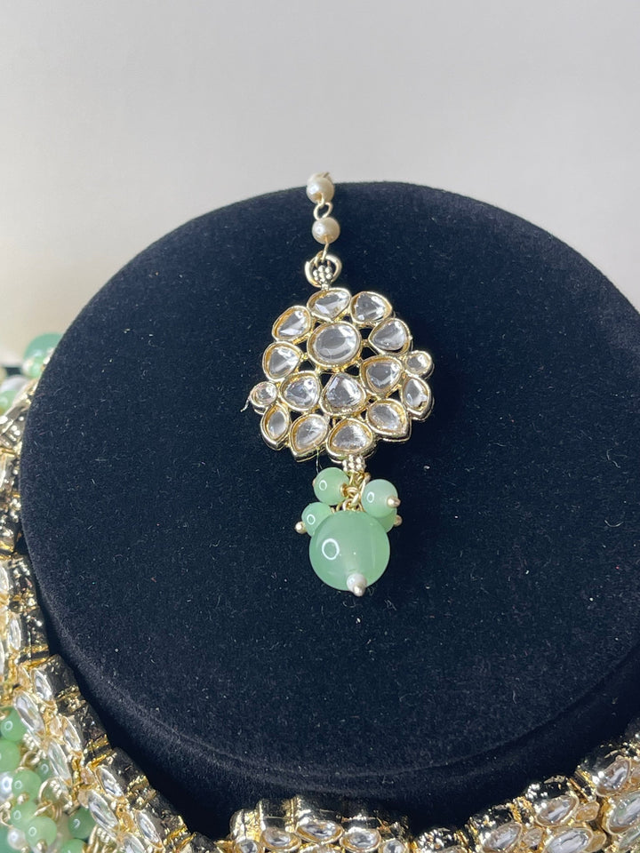 Izhaar Indian Polki Kundan Necklace with Earrings Tikka / Wedding Jewelry/ Traditional Jewelry/ Bollywood set/ green Pista necklace set