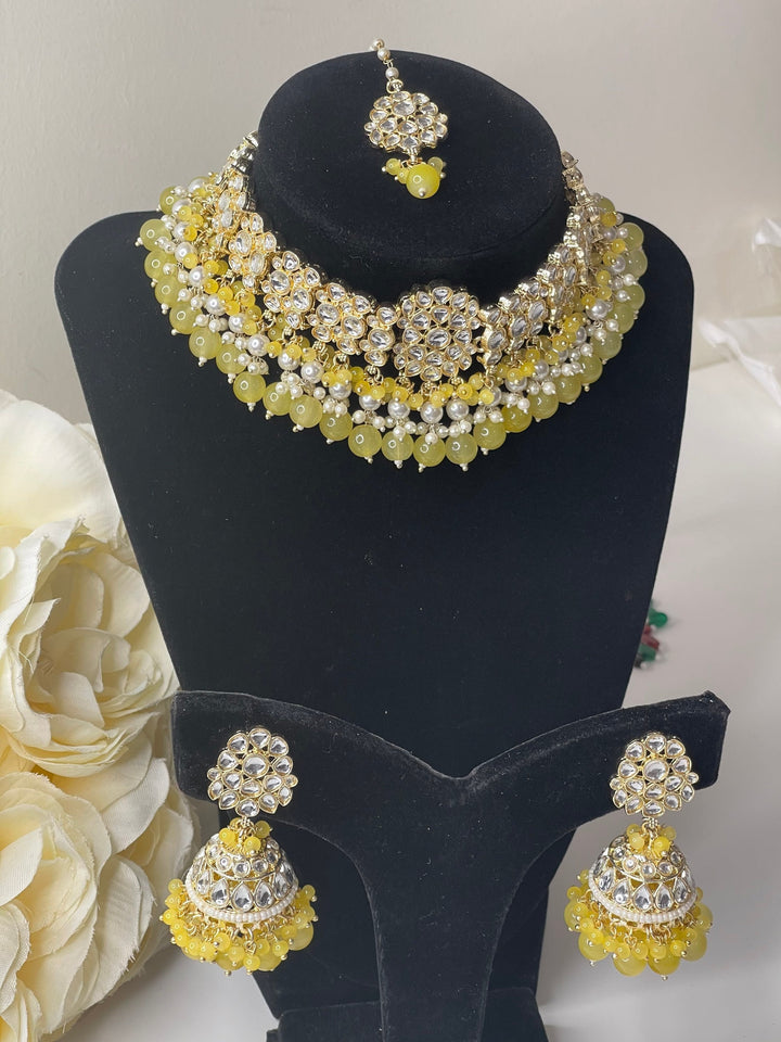 Izhaar Indian Polki Kundan Necklace with Earrings Tikka / Wedding Jewelry/ Traditional Jewelry/ Bollywood set/ yellow necklace set