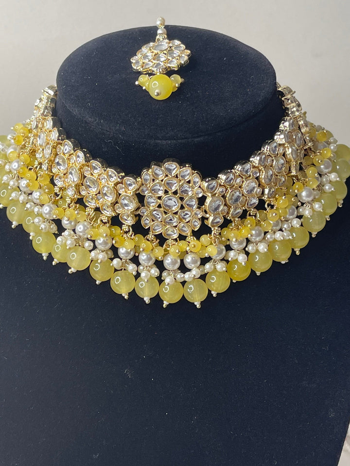Izhaar Indian Polki Kundan Necklace with Earrings Tikka / Wedding Jewelry/ Traditional Jewelry/ Bollywood set/ yellow necklace set