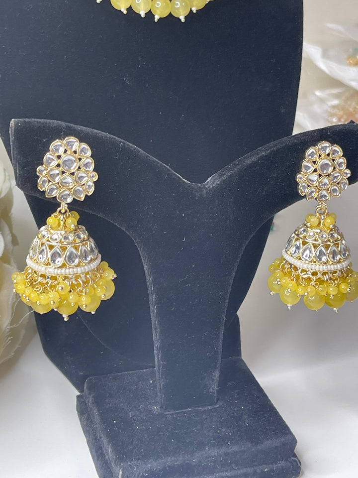 Izhaar Indian Polki Kundan Necklace with Earrings Tikka / Wedding Jewelry/ Traditional Jewelry/ Bollywood set/ yellow necklace set