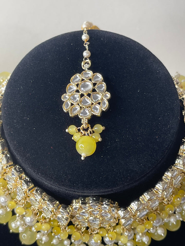 Izhaar Indian Polki Kundan Necklace with Earrings Tikka / Wedding Jewelry/ Traditional Jewelry/ Bollywood set/ yellow necklace set