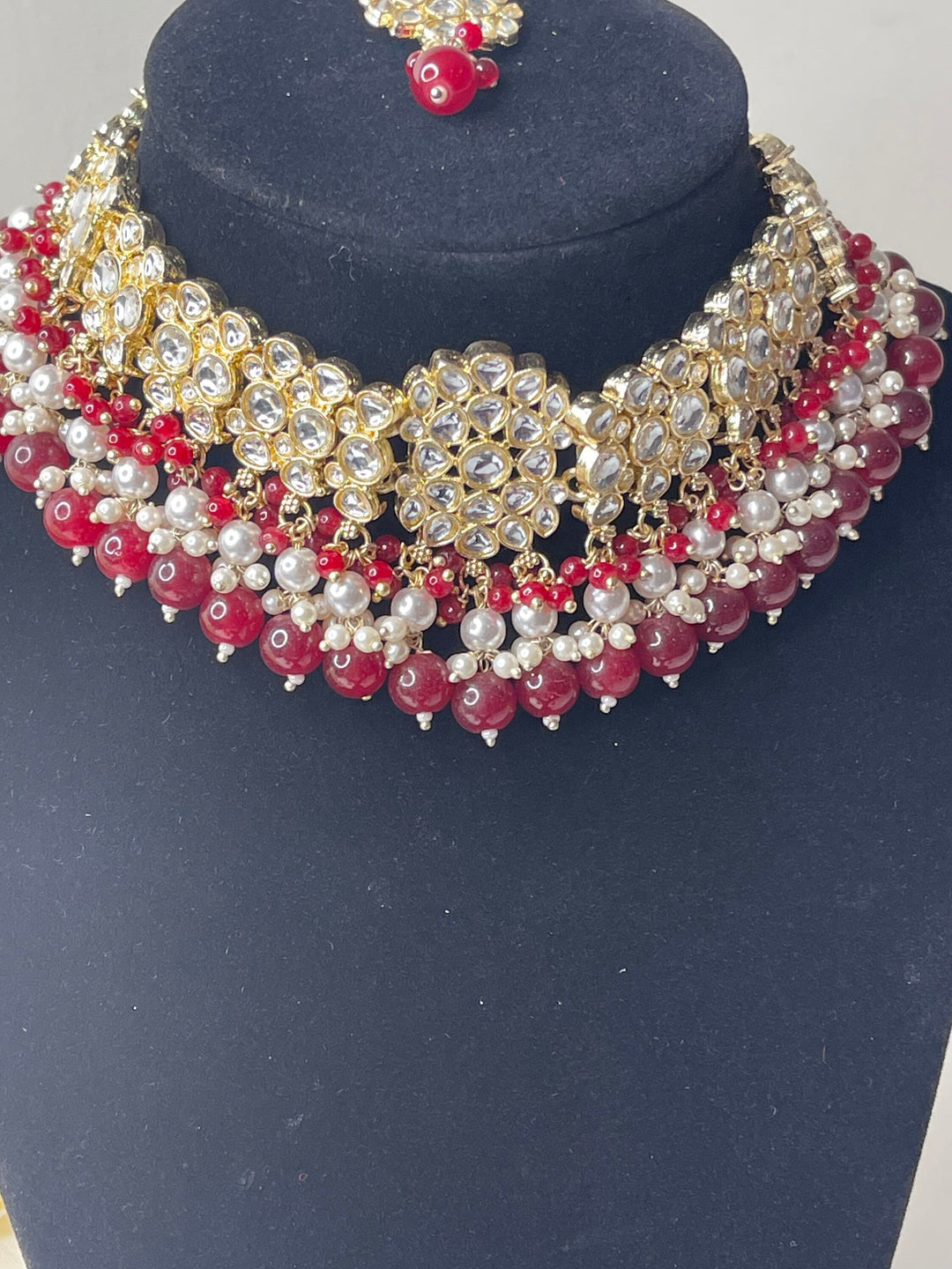 Izhaar Indian Polki Kundan Necklace with Earrings Tikka / Wedding Jewelry/ Traditional Jewelry/ Bollywood set/ red necklace set