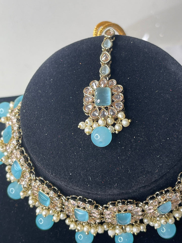 Izhaar Indian Polki Kundan Necklace with Earrings Tikka / Wedding Jewelry/ Traditional Jewelry/ Bollywood set/ gold & l blue necklace set